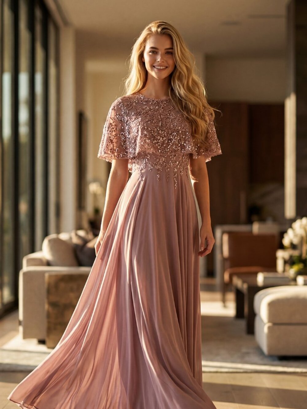 New Mauve Mother Of The Bride Gown w/ Sequins Embroidery & Matching Cape JTM21LW
